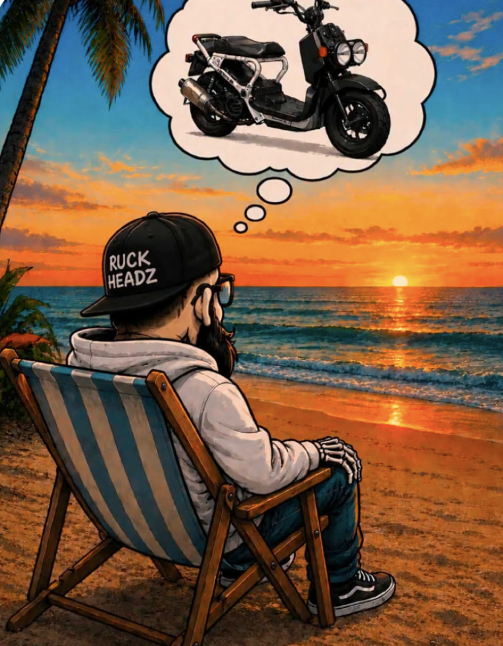 Cartoon of a rider in a RUCK HEADZ cap sitting in a beach chair at sunset, daydreaming about a Honda Ruckus